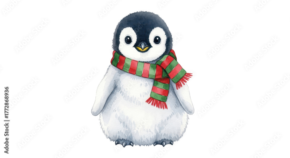 Fototapeta premium Cute penguin wearing a festive red and green scarf on white background