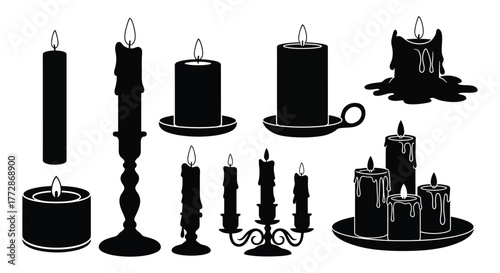 Collection of black and white candle icons for decoration and celebration