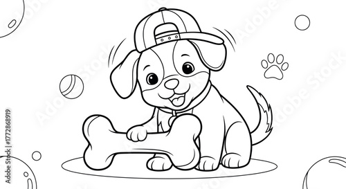 Adorable puppy wearing a cap and holding a bone, a delightful coloring page illustration, perfect for kids and dog lovers alike