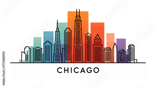 Chicago Skyline: A stylized illustration of the Chicago skyline, featuring its iconic skyscrapers, showcasing the city's unique architectural landscape and urban design.