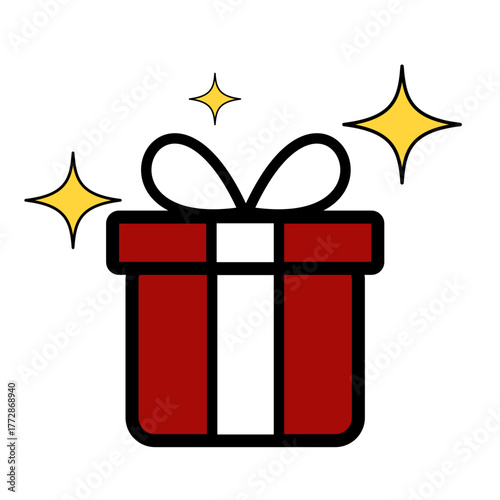 Christmas gift box icon in flat color style with ribbon and sparkling stars for holiday design