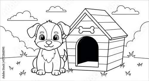 Charming puppy sitting beside a doghouse, a delightful coloring page illustration, perfect for kids and dog lovers alike