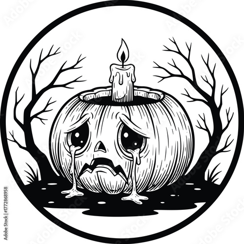Sad Crying Jack O Lantern Vector Hand Drawn Pumpkin with Candle in Circle Frame