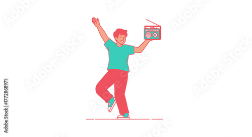 A joyful person dancing energetically while holding an old-school radio, celebrating music and happiness