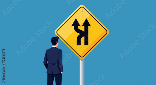 A businessman contemplates a road sign indicating a divergence of paths, symbolizing choice and decision-making