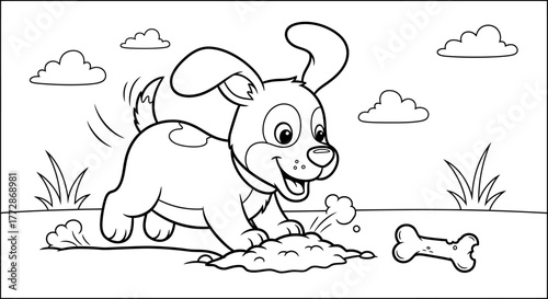 A playful puppy digs in the dirt near a bone, set against a backdrop of fluffy clouds, creating a charming scene