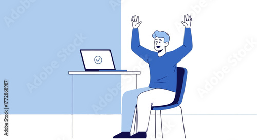 Excited man celebrating success with a laptop on his desk, raising his arms in triumph and joy, victory achieved, task completed, goal met