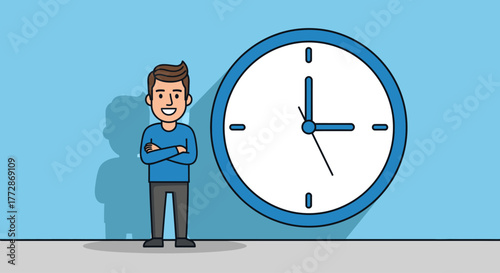 Man standing next to a clock symbolizing time management, punctuality, and productivity in business