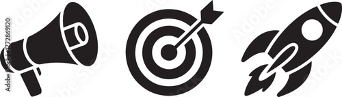 Megaphone, target, and rocket icons representing marketing, goals, and startup success