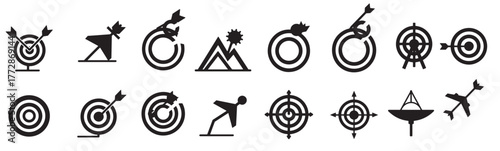 Travel essentials and aim icons in silhouette for visual. Essential navigation and location icons. Vector illustration.
