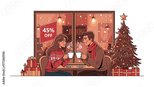 Festive Cafe: A cozy cafe scene, depicting a loving couple sharing a warm moment during the winter season, complemented by holiday decorations.