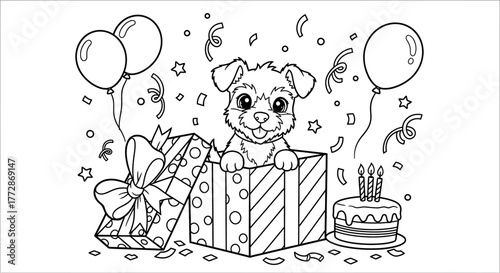 A festive coloring page featuring a puppy popping out of a gift box surrounded by balloons, confetti, and a birthday cake