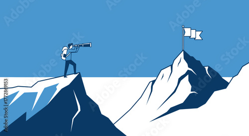 Person with telescope looking across mountain gap towards a flag on a peak, symbolizing achievement and success