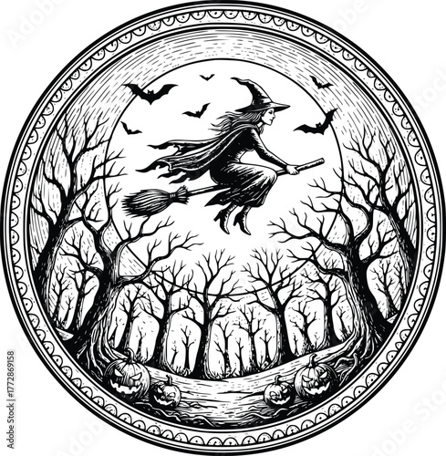 Witch Flying on Broomstick Over Spooky Forest Vector Halloween Night Scene with Decorative Circle Frame