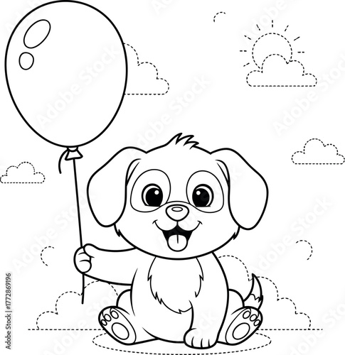 Adorable puppy holding a balloon, , a delightful coloring page featuring a cute dog and a cheerful balloon ready to be filled with color