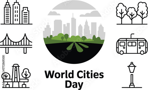 World Cities Day urban landscape with buildings parks and transport vector illustration