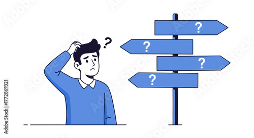Pensive man contemplating multiple pathways indicated by question mark signs on a directional post