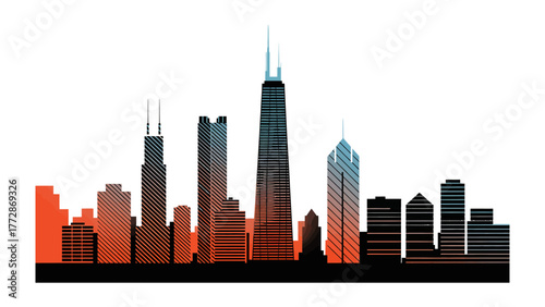 Chicago Skyline at Sunset: A striking silhouette of the iconic Chicago skyline at sunset, with buildings outlined against a vibrant gradient sky. Capturing a city's dynamism