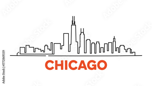 Chicago Skyline: A minimalist line-art depiction of Chicago's iconic cityscape, a symbol of urban development and architectural innovation.