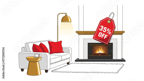 Home Decor Discount: A cozy living room scene presents a stylish sofa and a fireplace, with a prominent discount tag dangling, hinting at an affordable interior update.