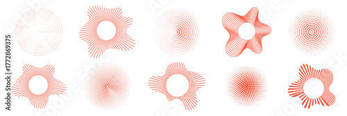 Set of radiate echo patterns. Red concentric circular and radial shockwave collection. Abstract vector round, ripple, signal elements.