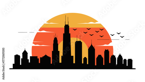 City Silhouette at Sunset: An artistic depiction of a metropolitan skyline at dusk, with buildings silhouetted against a fiery sunset.