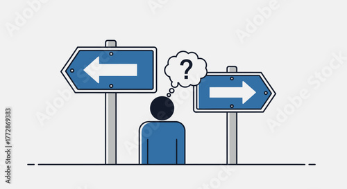 Navigating choices and decisions with uncertainty, depicted by a person at a crossroads with directional signs