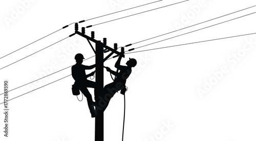 Utility workers climbing power pole, electrical line maintenance, safety harness gear, dangerous job silhouette, energy infrastructure repair, teamwork at height,