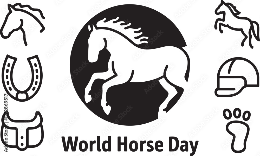 Obraz premium World Horse Day icons set with outline horse, horseshoe, saddle, rider helmet and footprint