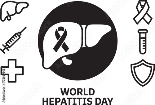 World Hepatitis Day liver ribbon syringe shield medical icons
