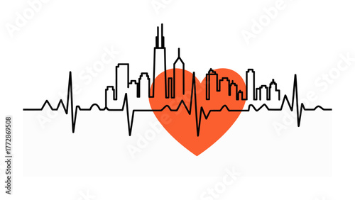 Chicago's pulse: An illustration captures the city's unique skyline integrated into a cardiogram with a prominent heart symbolizing the city's life. 