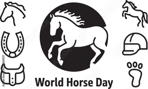 World Horse Day icons set with outline horse, horseshoe, saddle, rider helmet and footprint