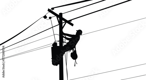 Silhouette utility worker climbing pole, electrical lineman safety gear, power line maintenance, energy infrastructure repair, dangerous job, electricity distribution,