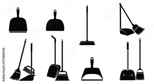 Collection of black broom and dustpan silhouettes, featuring various shapes and styles for cleaning