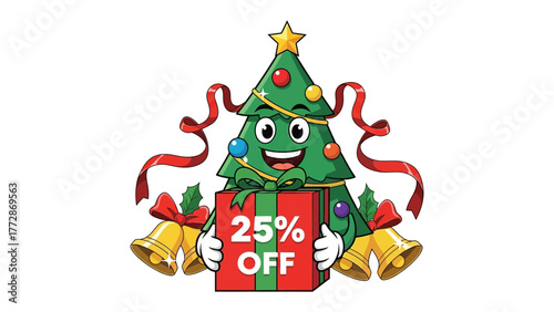 Festive Offer: A cheerful cartoon Christmas tree holding a gift box that offers a 25% discount, is the symbol of this merry season.