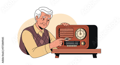 Illustration of an elderly man tuning an old-fashioned radio with a dial, showcasing a connection to vintage technology and nostalgia
