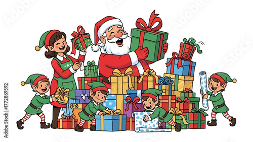 Festive Gifts Galore: Santa Claus and his elves, surrounded by a mountain of beautifully wrapped gifts, prepare for the season of giving, embodying the spirit of Christmas.