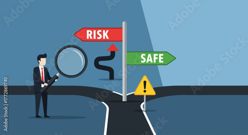 Navigating uncertain pathways A businessman analyzes a diverging road, weighing risk against safety in a strategic decision-making scenario