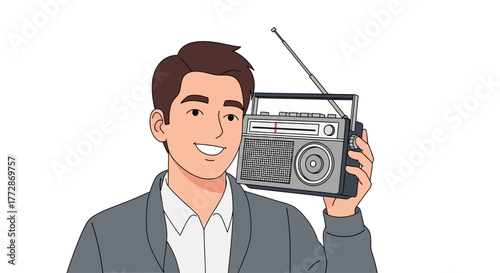 Man holding an old-fashioned portable radio to his ear, listening to music or news on white background