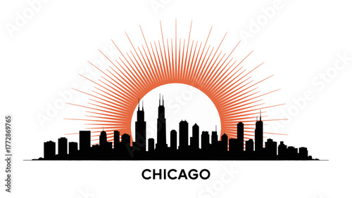 Chicago City Silhouette: A striking silhouette of the iconic Chicago skyline, with towering skyscrapers set against a stylized, radiating sun.