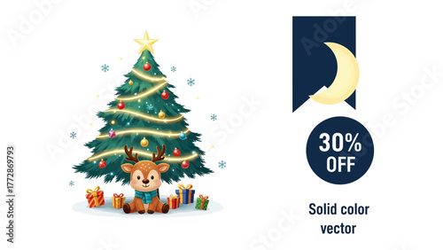 Holiday Delight: A festive Christmas tree adorned with ornaments and lights stands tall, accompanied by a charming reindeer and gift boxes.