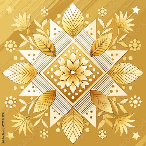 Intricate golden mandala with floral and leaf motifs