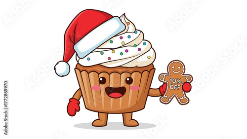 Festive Delight: A whimsical cupcake character, adorned with a Santa hat and mittens, holds a gingerbread man, exuding holiday cheer and joy.