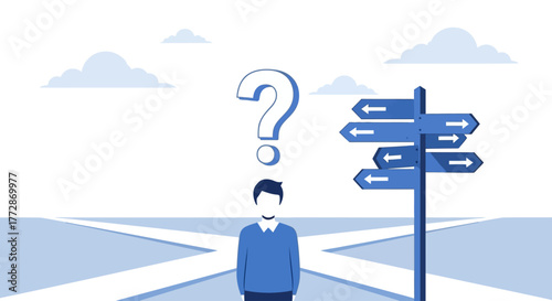 A person stands at a crossroads with a question mark above their head, pondering which direction to take