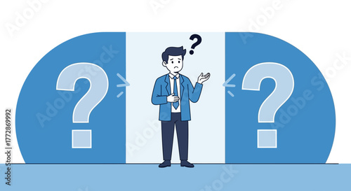 Confused businessman standing between two large question marks, symbolizing uncertainty and decision-making challenges in a professional context