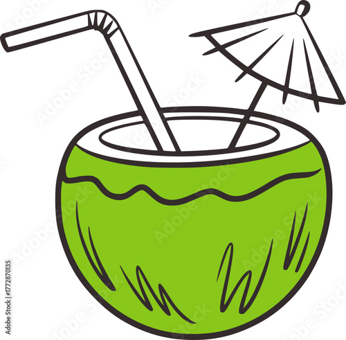 Green coconut drink with straw and umbrella beverage