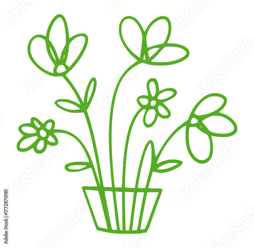 Green line art drawing of a potted flower bouquet flowers