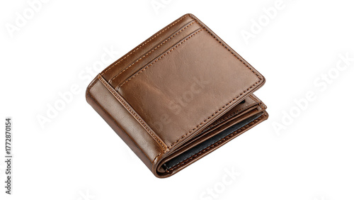 Brown leather wallet resting on a clean surface with visible texture and folds on a transparent background
