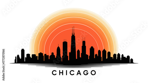 Chicago Skyline Silhouette at Sunset: The iconic Chicago skyline is dramatically silhouetted against a radiant sunset. The image is an ode to urban architecture. 