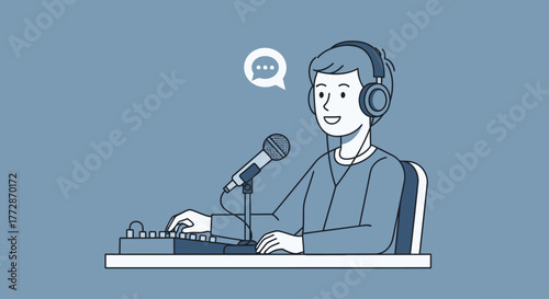 Illustration of a person wearing headphones and speaking into a microphone, with a soundboard in front of them, representing podcasting or broadcasting